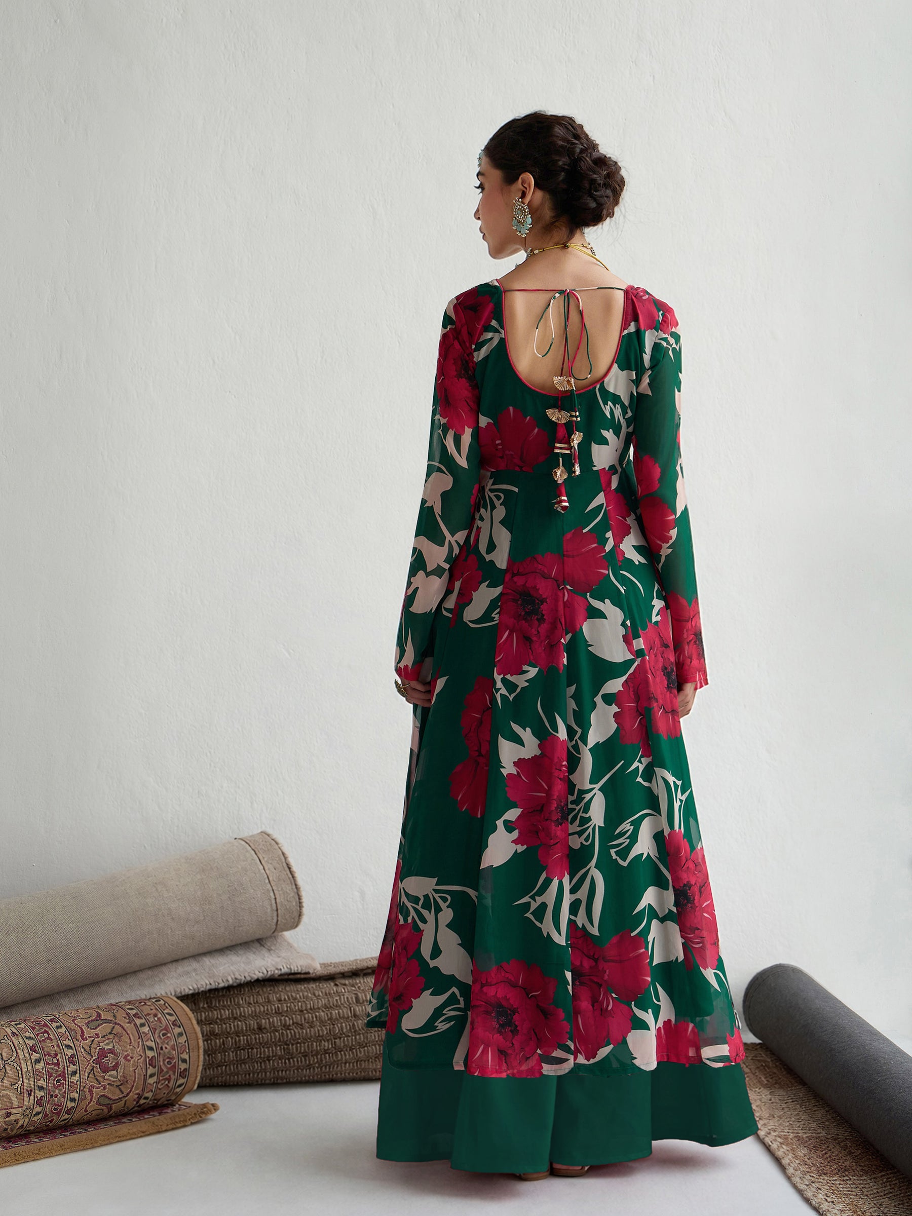 Women Green & Red Floral Anarkali Kurta