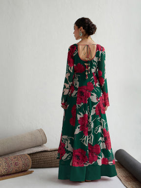Women Green & Red Floral Anarkali Kurta