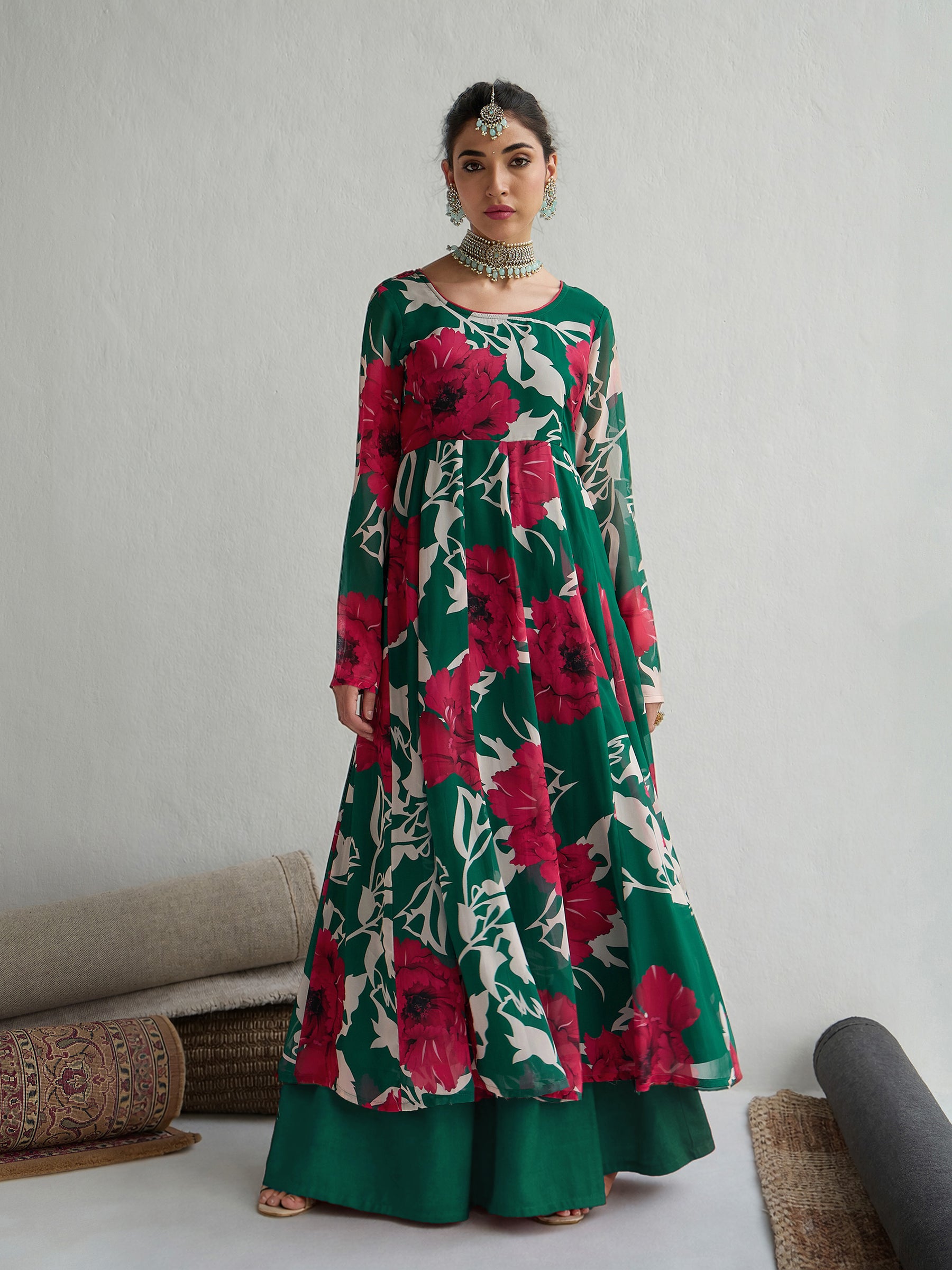 Women Green & Red Floral Anarkali Kurta