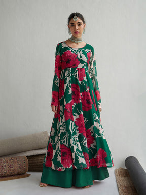 Women Green & Red Floral Anarkali Kurta