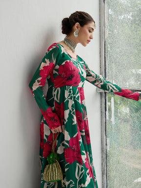 Women Green & Red Floral Anarkali Kurta