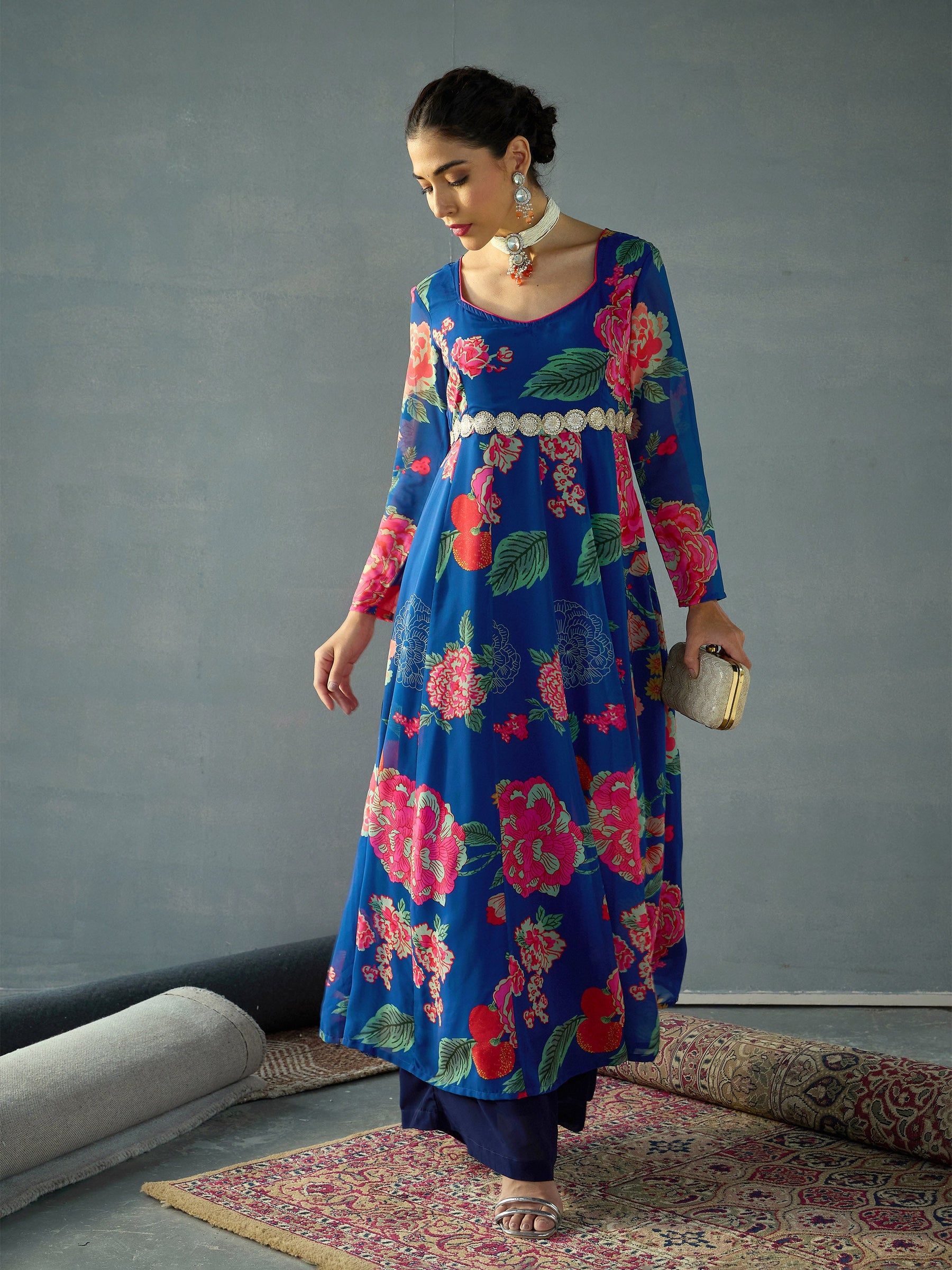 Navy Floral Sweetheart Neck Anarkali Kurta-Shae by SASSAFRAS