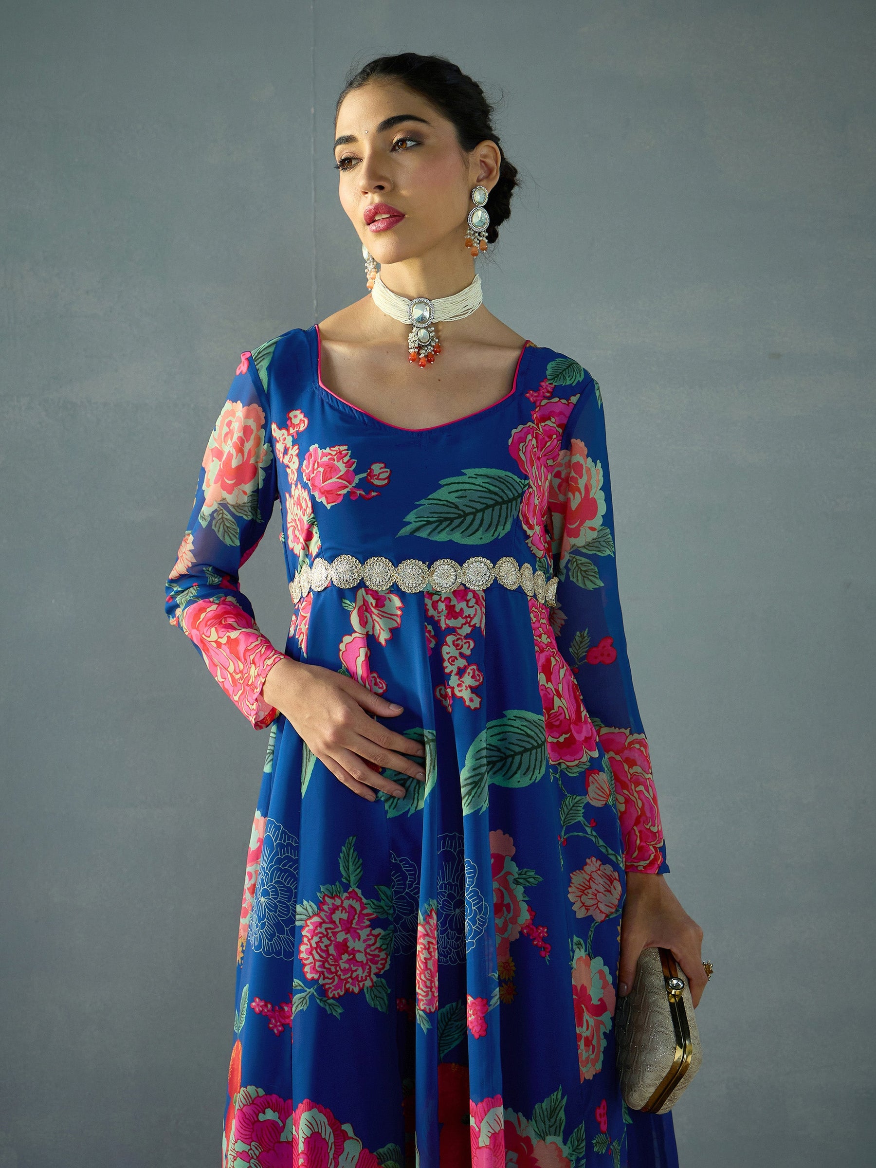 Navy Floral Sweetheart Neck Anarkali Kurta-Shae by SASSAFRAS