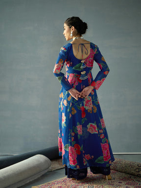 Navy Floral Sweetheart Neck Anarkali Kurta-Shae by SASSAFRAS