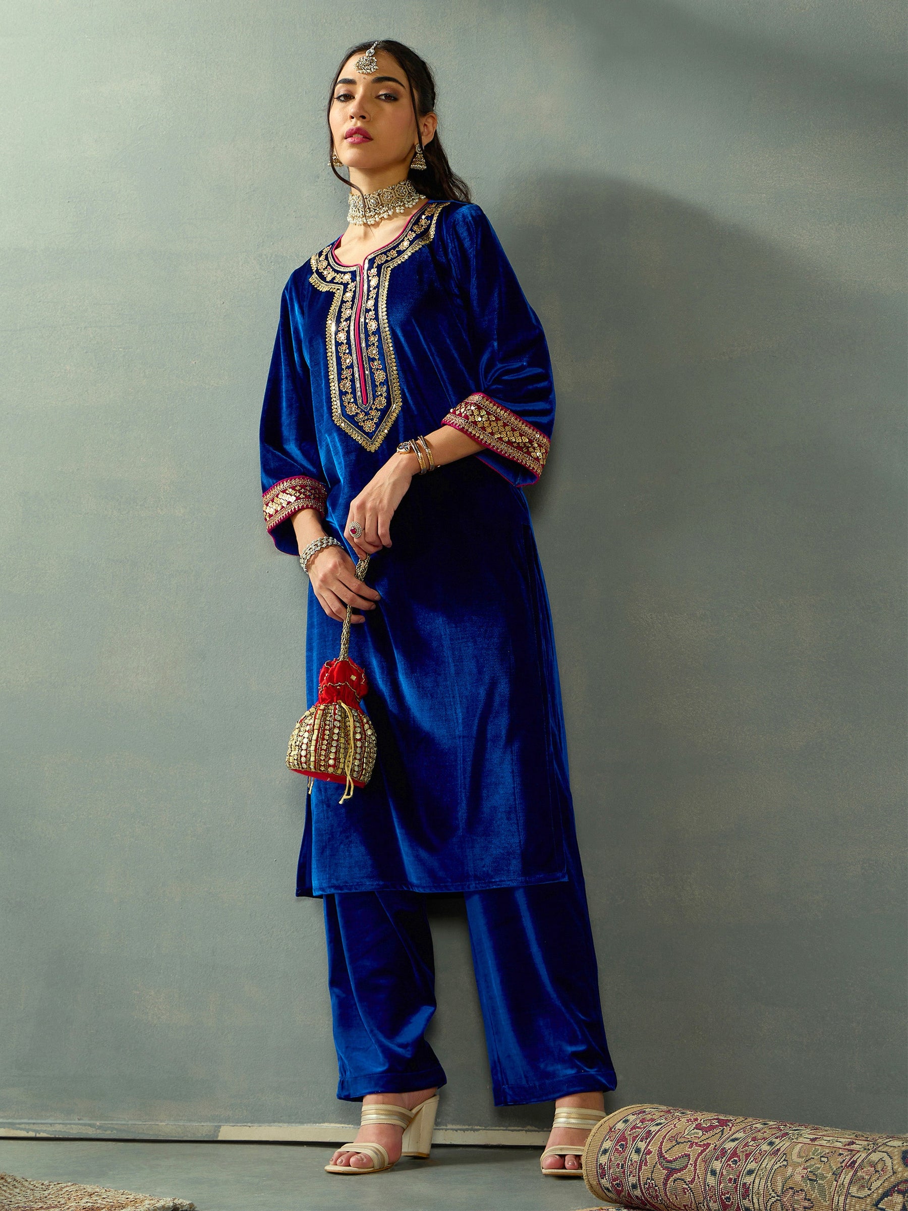 Royal Blue Velvet Embroidered Kurta With Straight Pants-Shae by SASSAFRAS