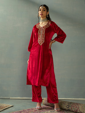 Red Velvet Embroidered Kurta-Shae by SASSAFRAS