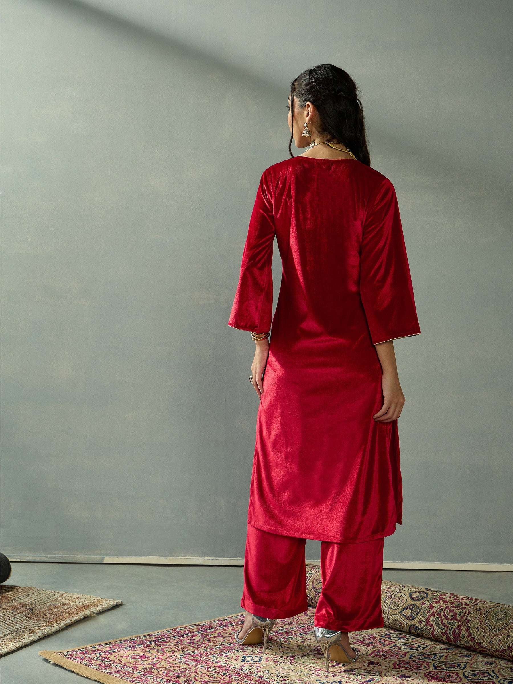 Red Velvet Embroidered Kurta-Shae by SASSAFRAS