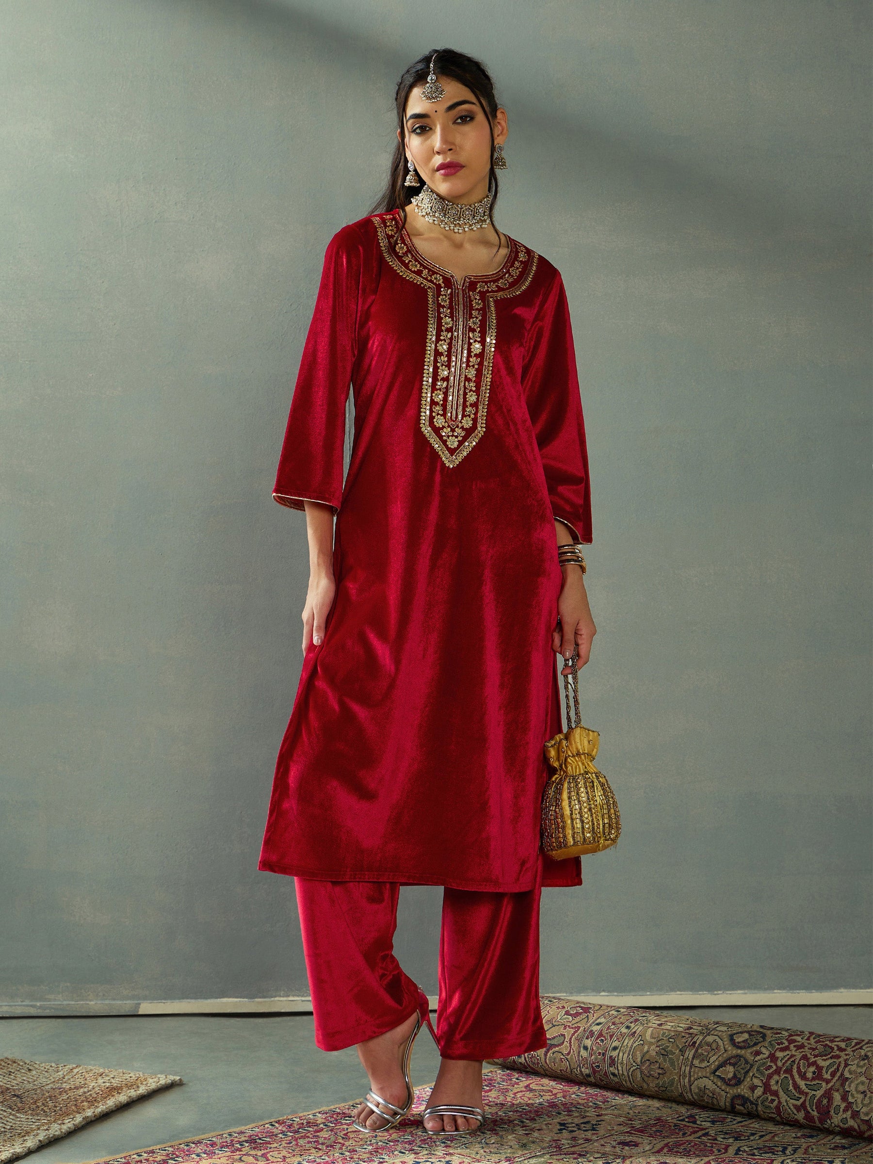 Red Velvet Embroidered Kurta With Straight Pants-Shae by SASSAFRAS