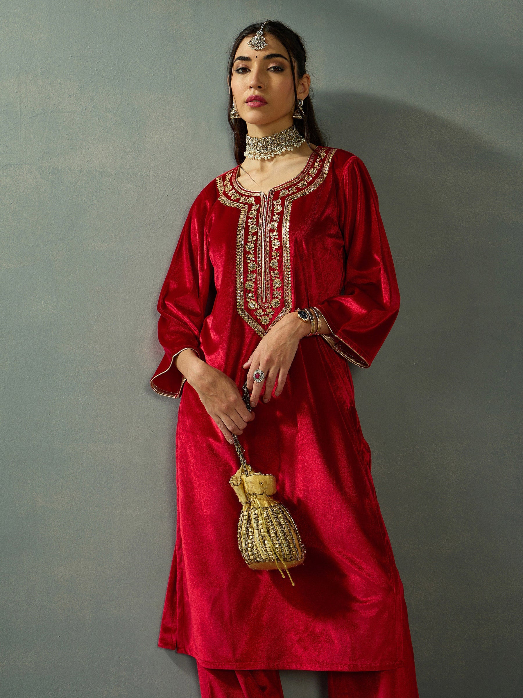 Red Velvet Embroidered Kurta With Straight Pants-Shae by SASSAFRAS