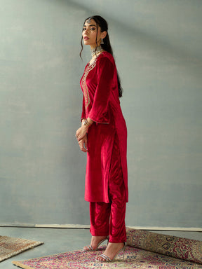 Red Velvet Embroidered Kurta With Straight Pants-Shae by SASSAFRAS