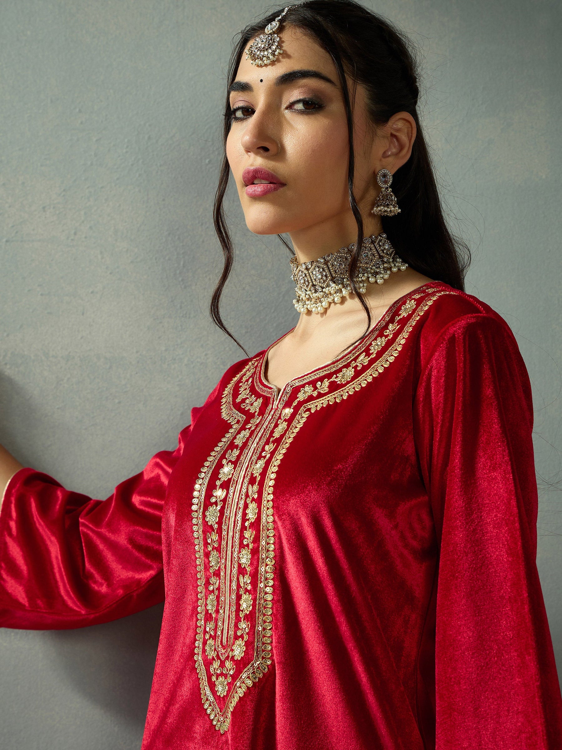 Red Velvet Embroidered Kurta With Straight Pants-Shae by SASSAFRAS