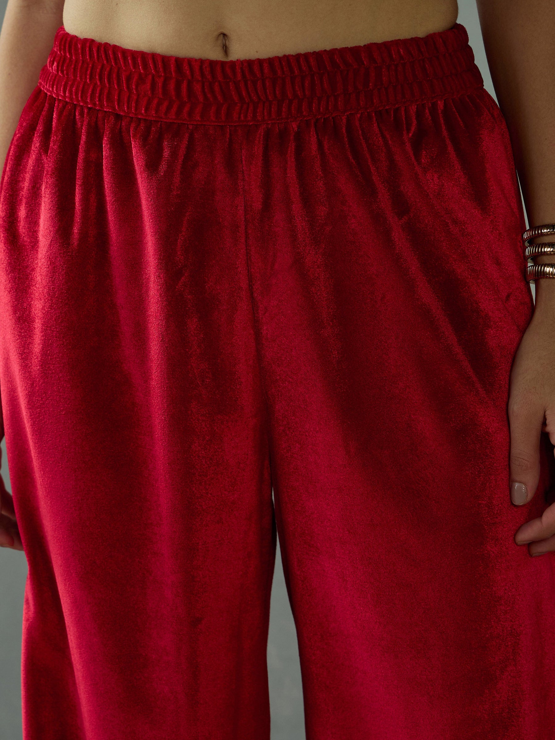 Red Velvet Embroidered Kurta With Straight Pants-Shae by SASSAFRAS