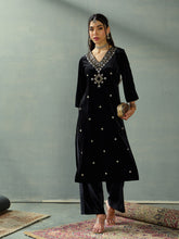 Black Velvet V-Neck Embroidered Kurta With Straight Pants-Shae by SASSAFRAS