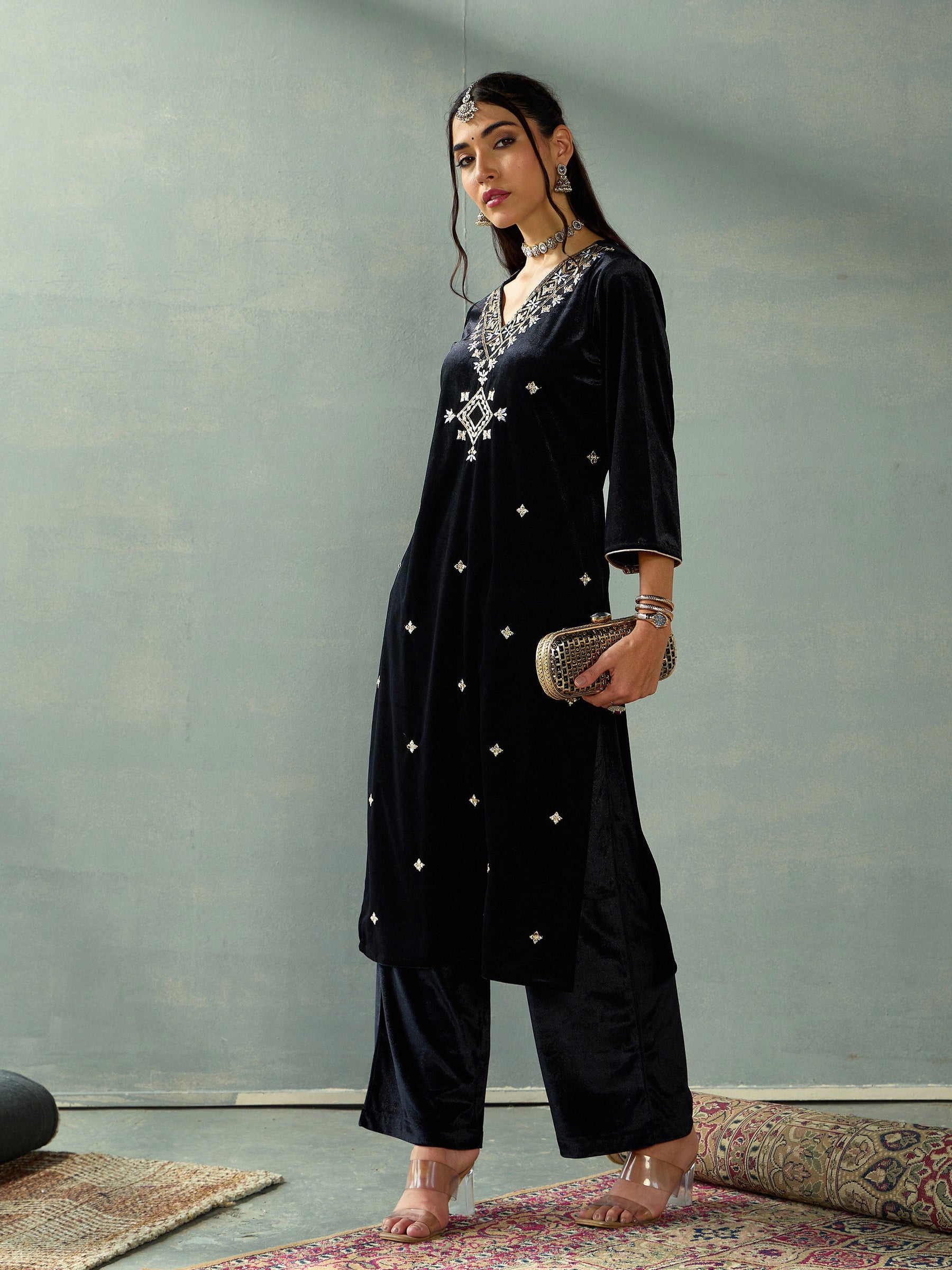 Black Velvet V-Neck Embroidered Kurta With Straight Pants-Shae by SASSAFRAS