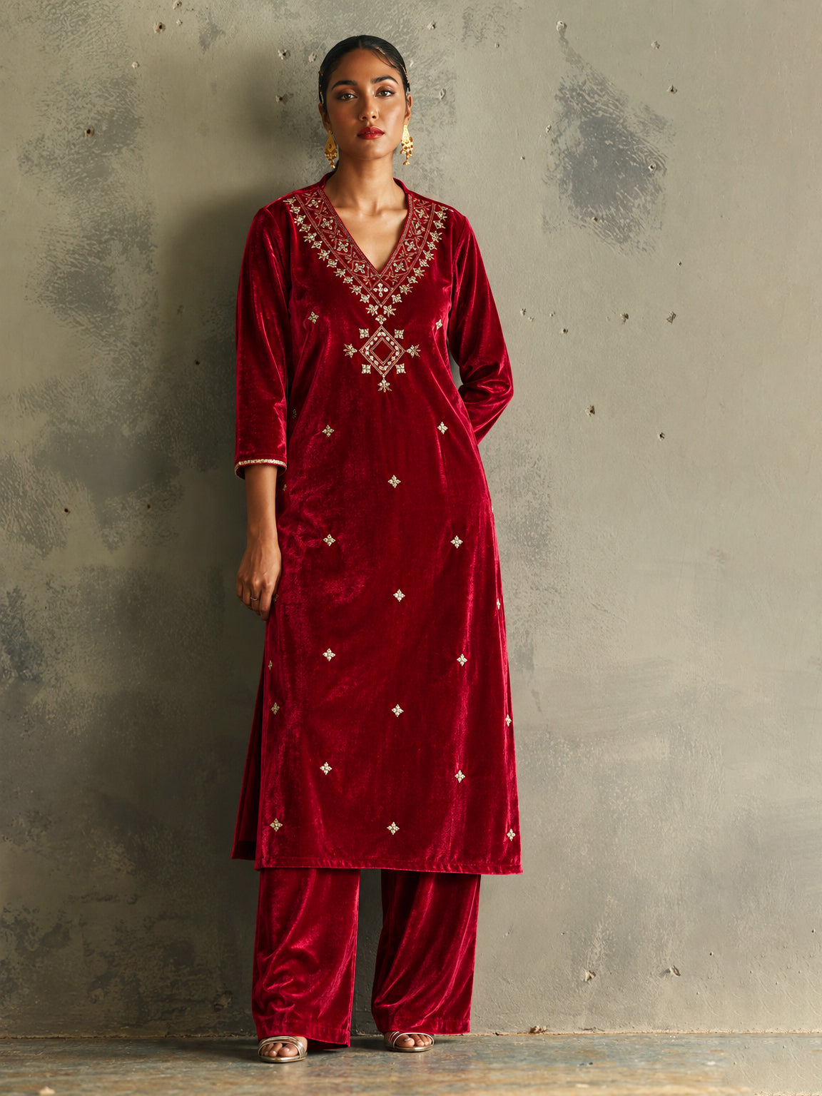 Women Red Velvet V-Neck Embroidered Kurta