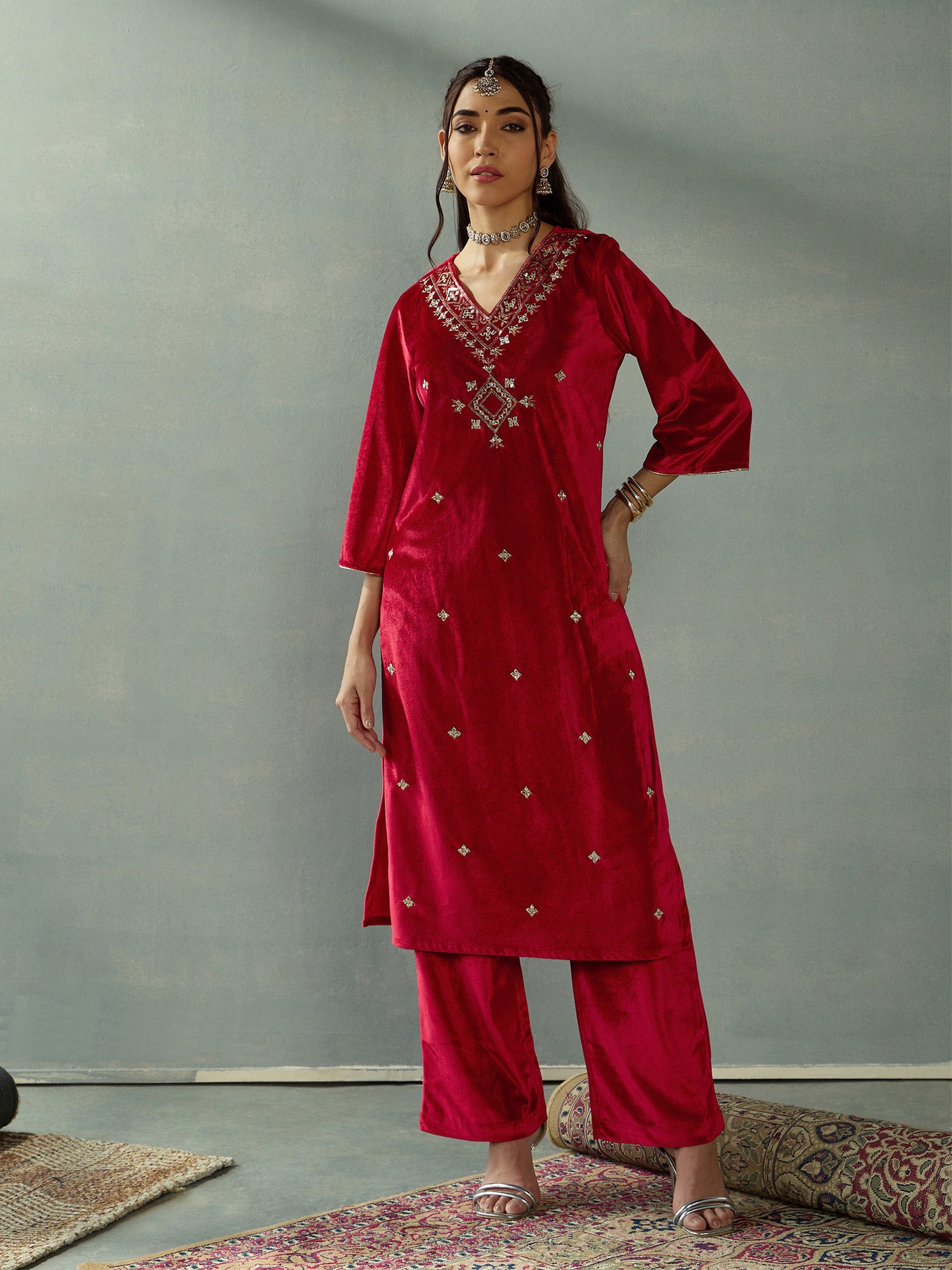 Red Velvet V-Neck Embroidered Kurta-Shae by SASSAFRAS