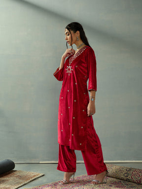 Red Velvet V-Neck Embroidered Kurta-Shae by SASSAFRAS