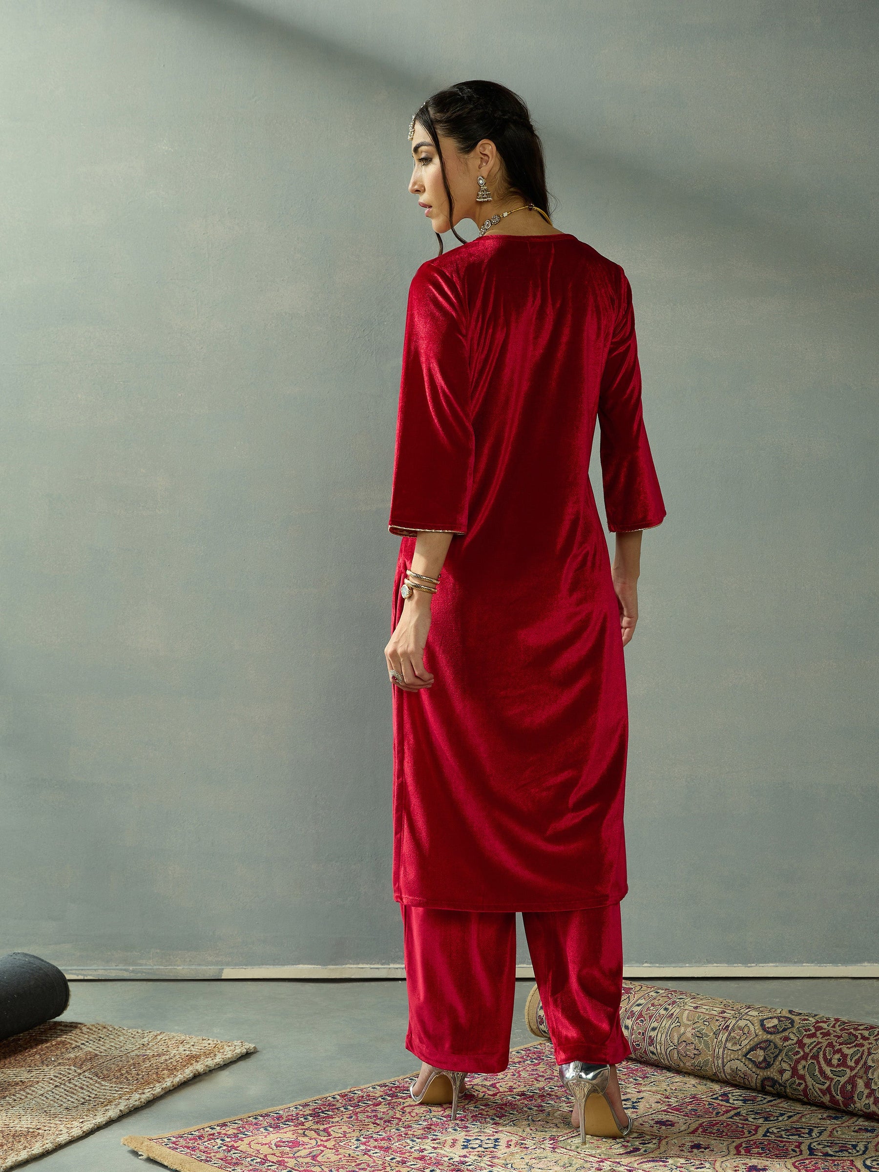 Red Velvet V-Neck Embroidered Kurta-Shae by SASSAFRAS