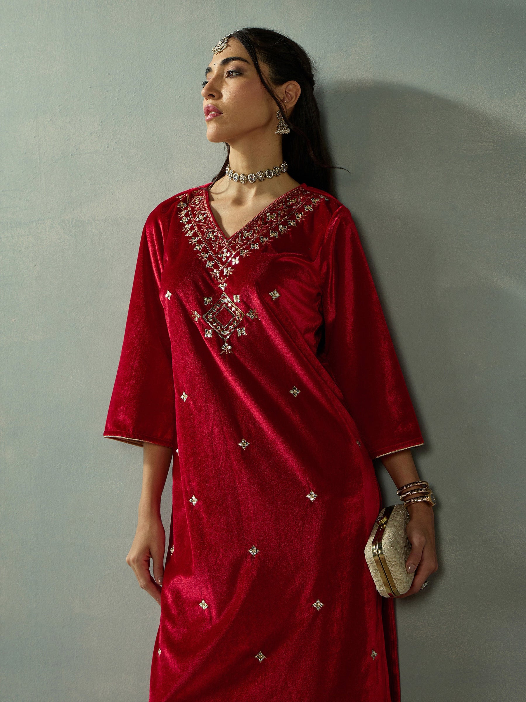 Red Velvet V-Neck Embroidered Kurta With Straight Pants-Shae by SASSAFRAS