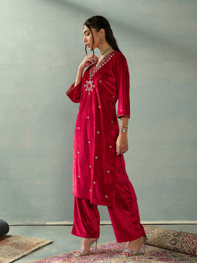 Red Velvet V-Neck Embroidered Kurta With Straight Pants-Shae by SASSAFRAS