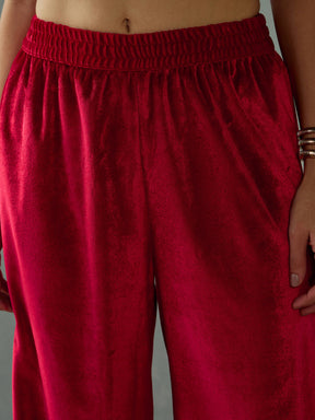 Red Velvet V-Neck Embroidered Kurta With Straight Pants-Shae by SASSAFRAS