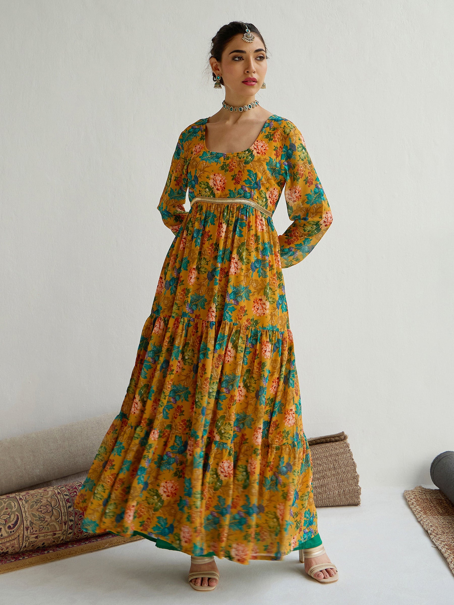 Yellow Floral Round Neck Tiered Kurta-Shae by SASSAFRAS