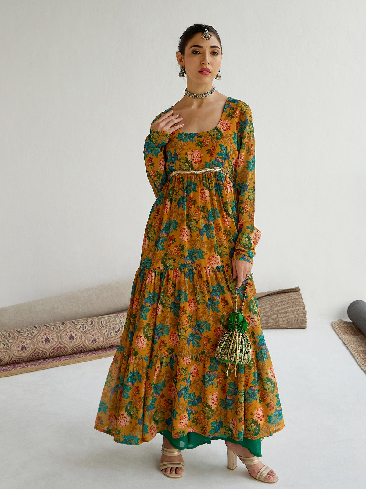 Yellow Floral Round Neck Tiered Kurta-Shae by SASSAFRAS