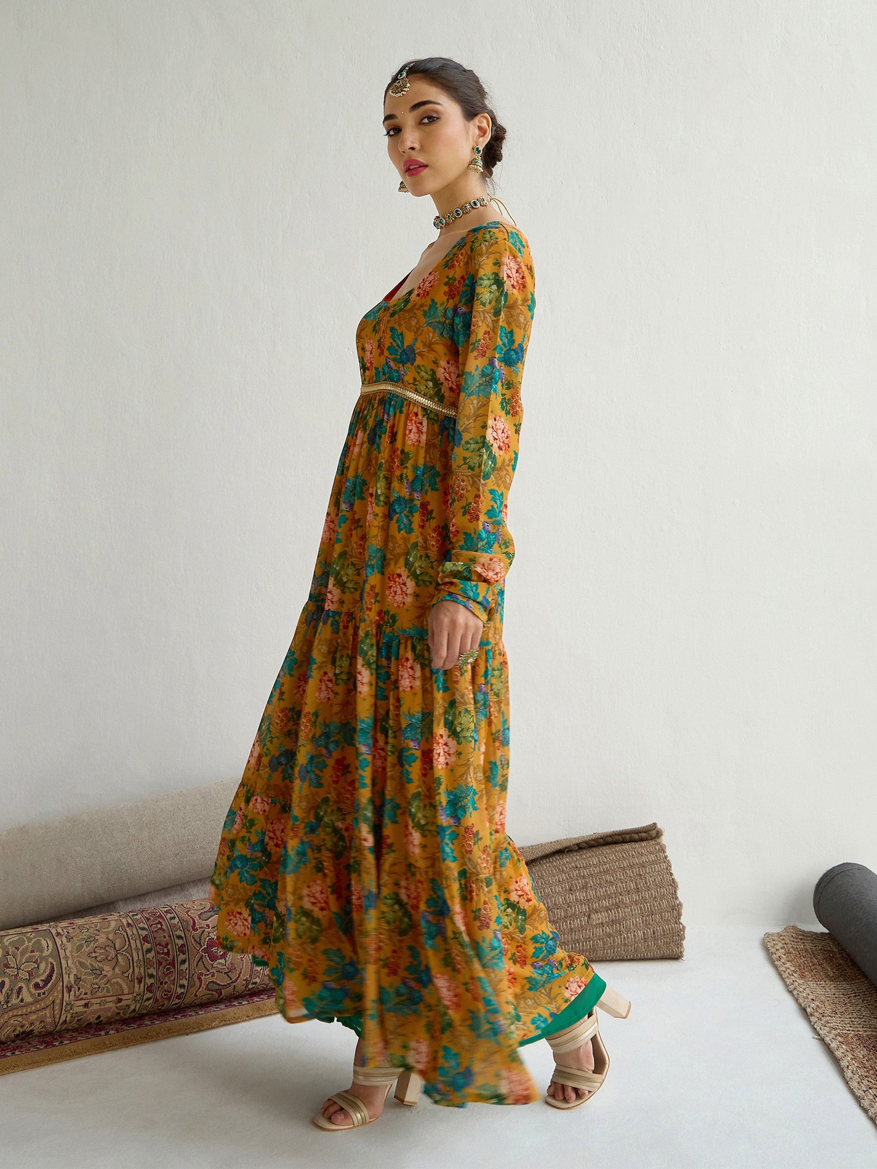 Yellow Floral Round Neck Tiered Kurta-Shae by SASSAFRAS