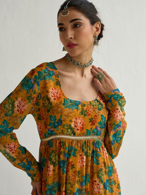 Yellow Floral Round Neck Tiered Kurta-Shae by SASSAFRAS