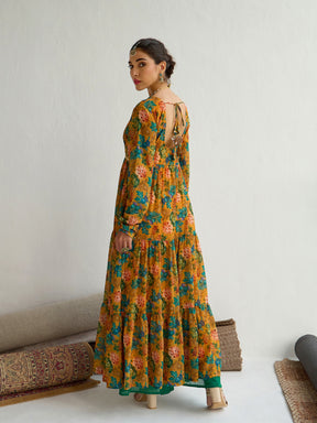 Yellow Floral Round Neck Tiered Kurta-Shae by SASSAFRAS