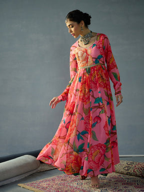 Pink Floral Sweetheart Neck Anarkali Kurta-Shae by SASSAFRAS