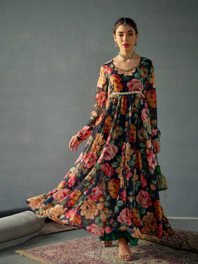 Black Floral Sweetheart Neck Anarkali Kurta-Shae by SASSAFRAS