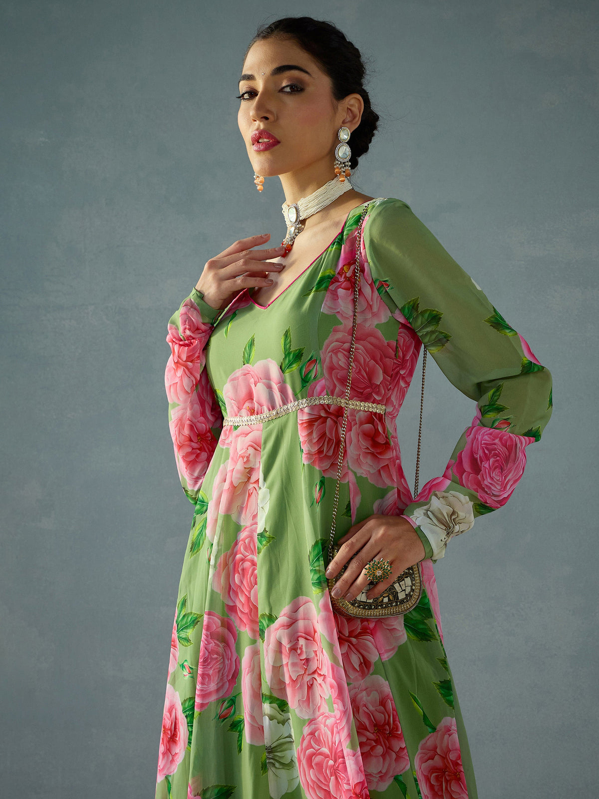 Green Floral Sweetheart Neck Anarkali Kurta-Shae by SASSAFRAS