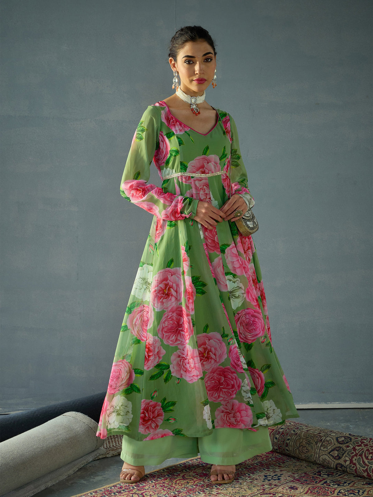 Green Floral Sweetheart Neck Anarkali Kurta-Shae by SASSAFRAS