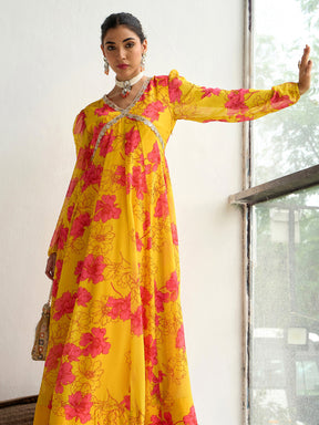 Yellow Floral V-Neck Anarkali Kurta-Shae by SASSAFRAS