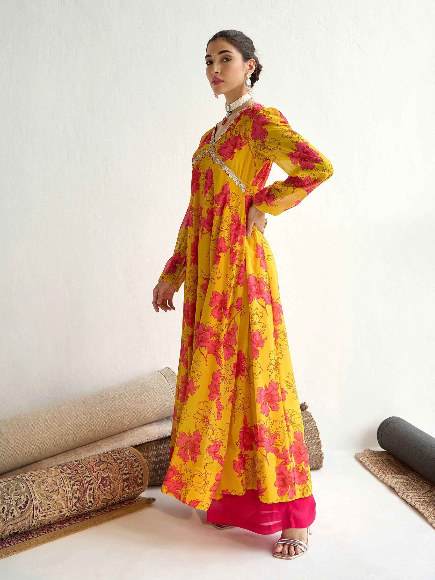 Yellow Floral V-Neck Anarkali Kurta-Shae by SASSAFRAS