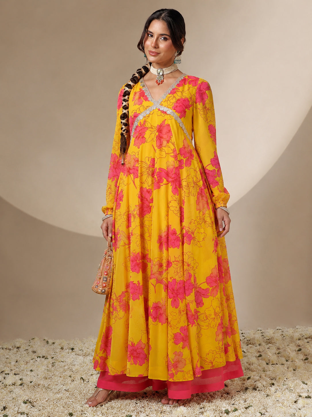 Yellow Floral V-Neck Anarkali Kurta-Shae by SASSAFRAS