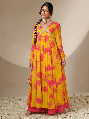 Yellow Floral V-Neck Anarkali Kurta-Shae by SASSAFRAS