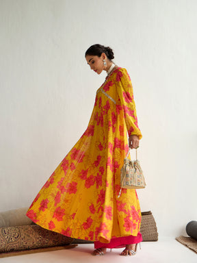 Women Yellow Floral V-Neck Anarkali Kurta