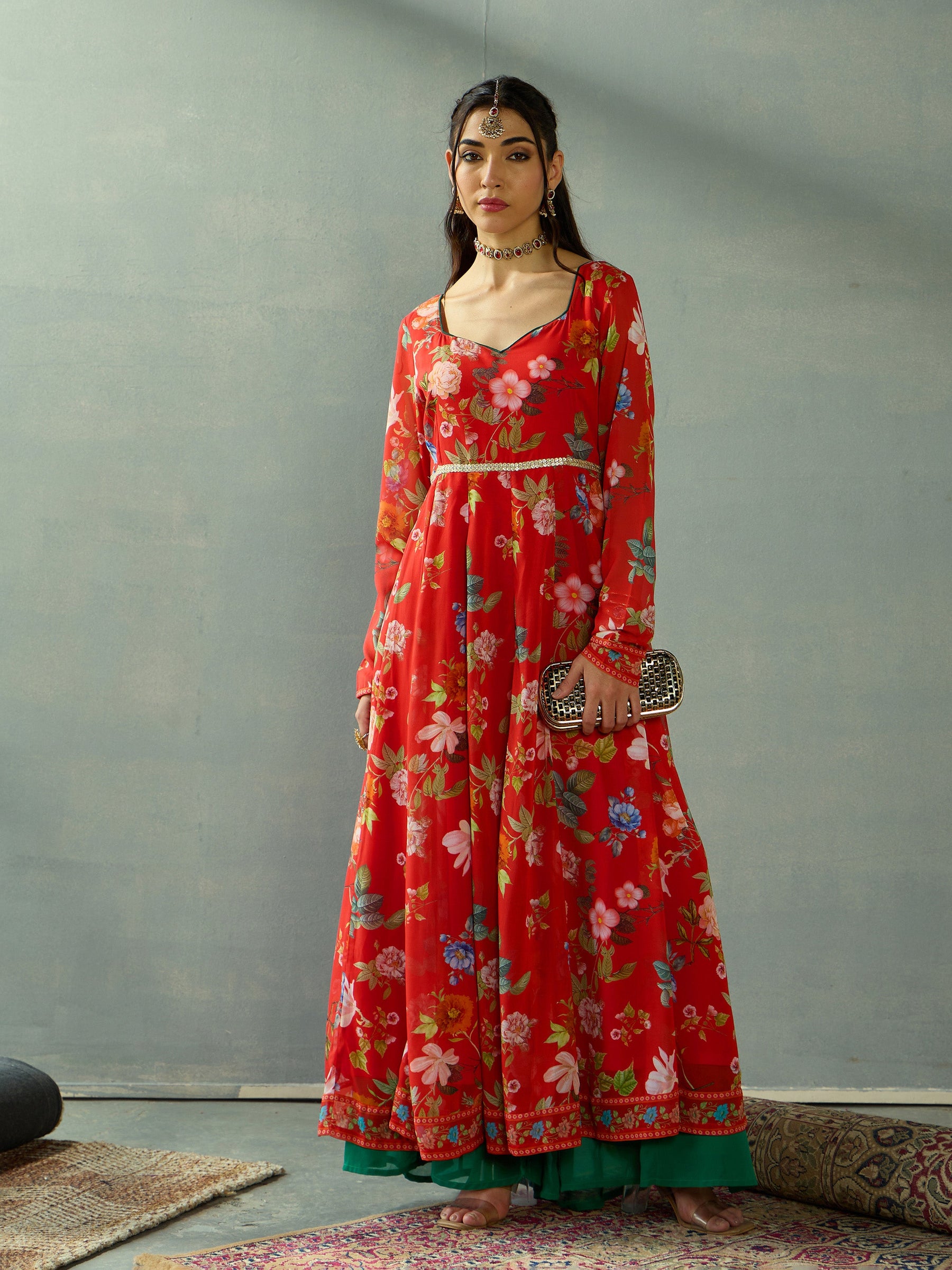 Red Floral Sweetheart Neck Anarkali Kurta-Shae by SASSAFRAS