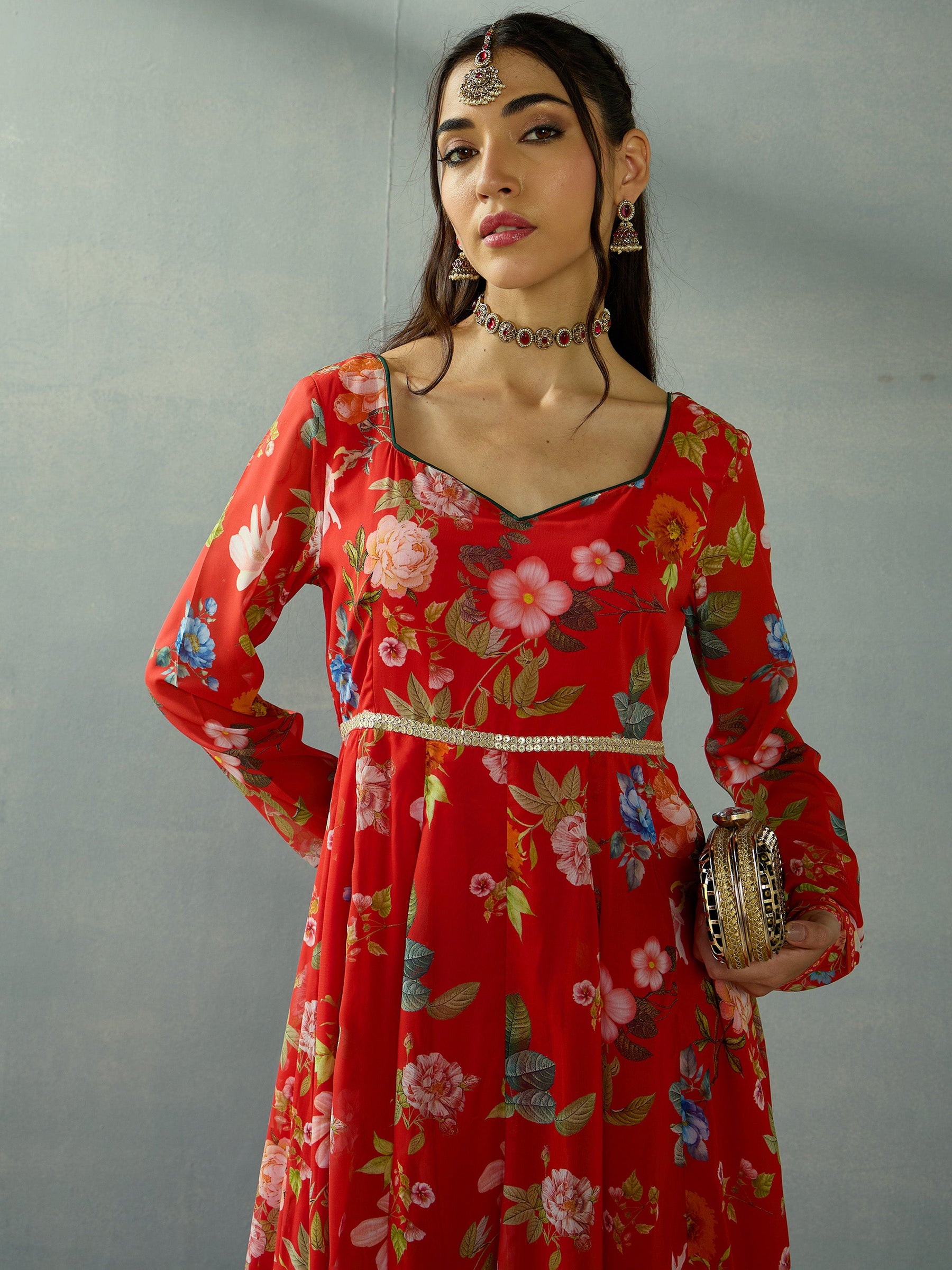 Red Floral Sweetheart Neck Anarkali Kurta-Shae by SASSAFRAS