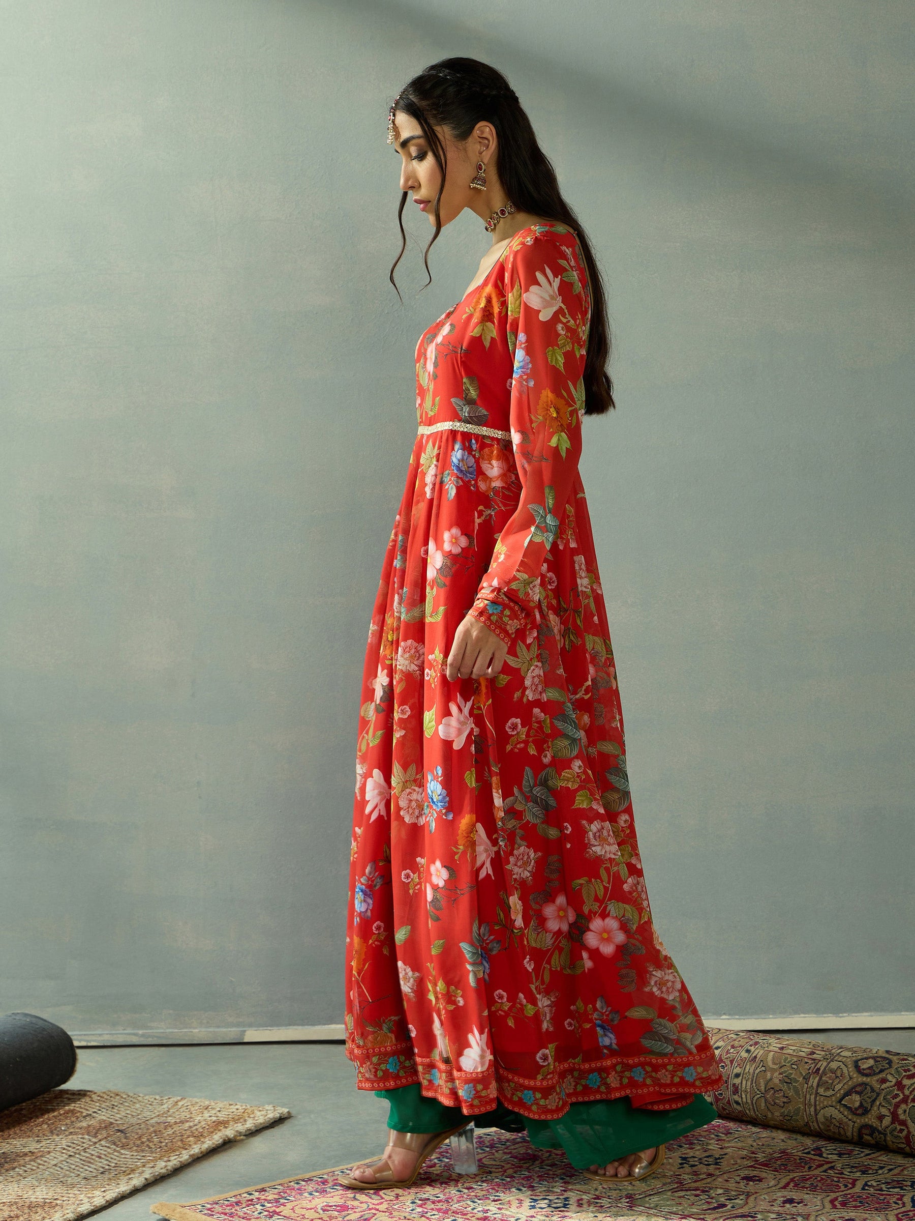 Red Floral Sweetheart Neck Anarkali Kurta-Shae by SASSAFRAS