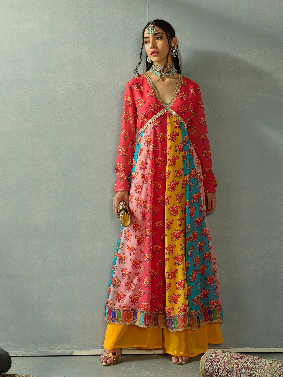 Red Multi Color V-Neck Anarkali Kurta-Shae by SASSAFRAS