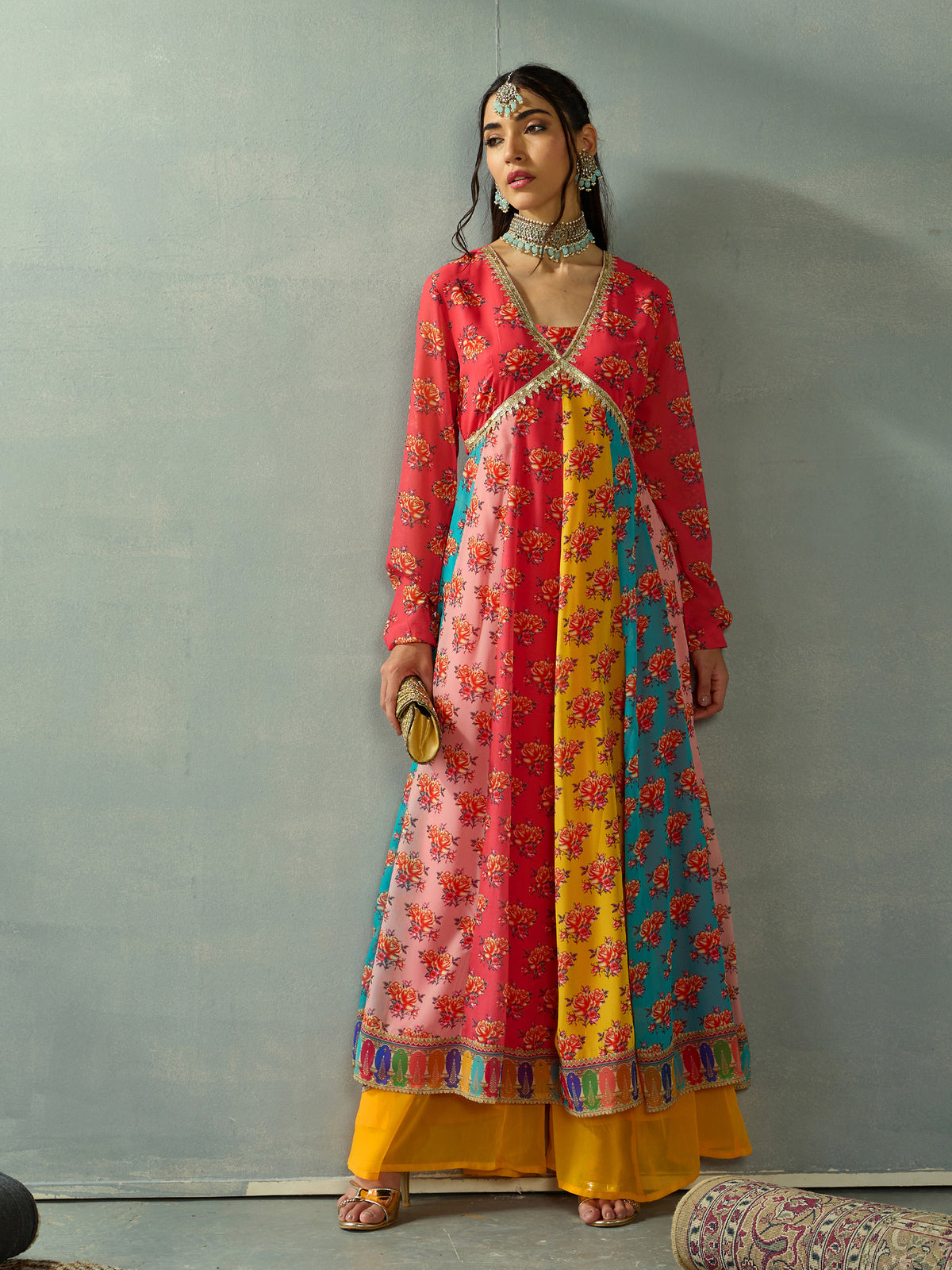 Women Red Multi Color V-Neck Anarkali Kurta