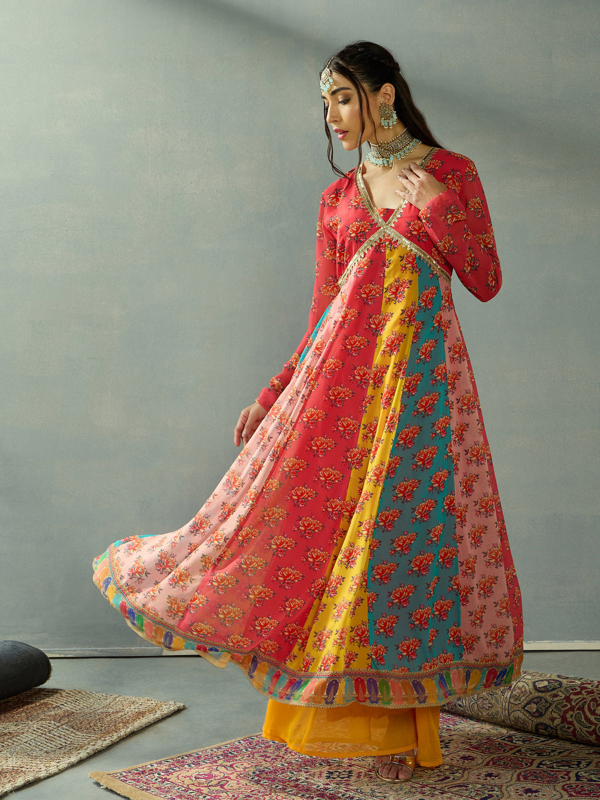 Women Red Multi Color V-Neck Anarkali Kurta