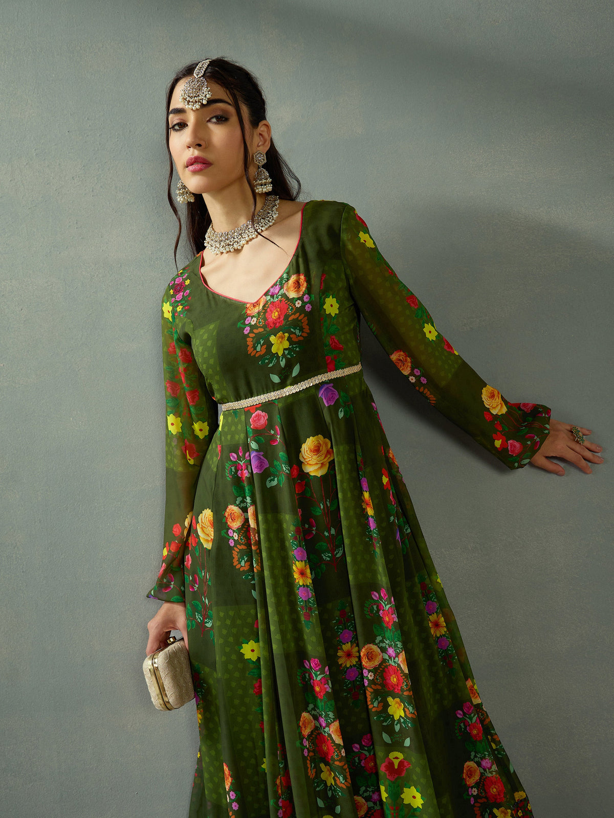 Green Floral Back Criss Cross Anarkali Kurta-Shae by SASSAFRAS