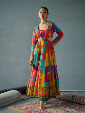 Red & Yellow Multi Color Side Cut Out Anakali Kurta-Shae by SASSAFRAS