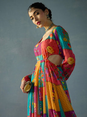 Red & Yellow Multi Color Side Cut Out Anakali Kurta-Shae by SASSAFRAS