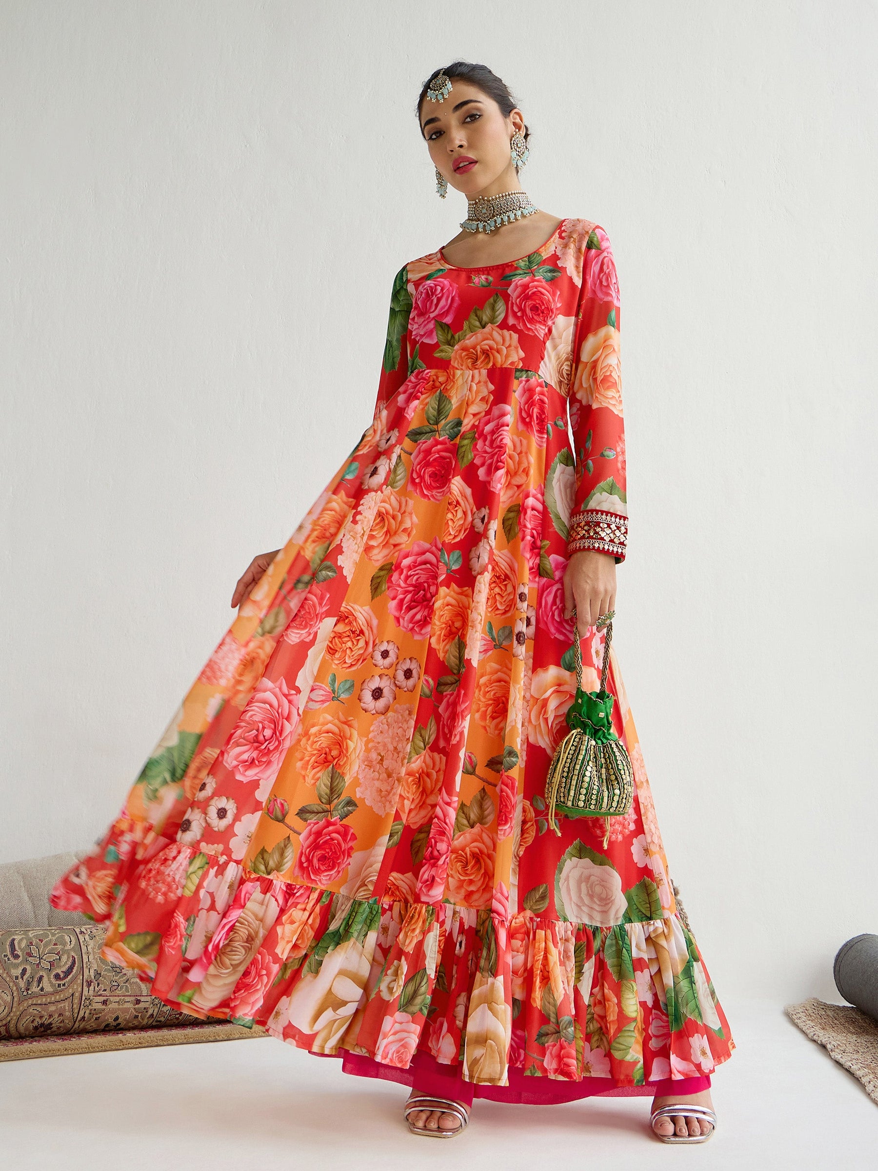 Yellow & Red Floral Frill Hem Anarkali Kurta -Shae by SASSAFRAS