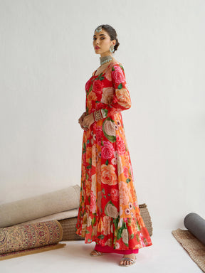 Yellow & Red Floral Frill Hem Anarkali Kurta -Shae by SASSAFRAS